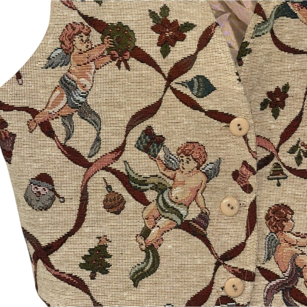 Vintage Facets Cherub Santa Christmas Holiday Vest Tan Women’s M Tree 90’a Y2K - Picture 13 of 15